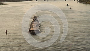 Transprt, reservoirs, travel, navigation concept - aerial survey from height bridge ower pond with boats ships yachts