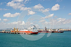 Transshipment terminal for loading steel products to sea vessels using shore cranes and special equipment in Port Pecem, Brazil,