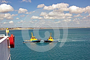 Transshipment terminal for loading steel products to sea vessels using shore cranes and special equipment in Port Pecem, Brazil,