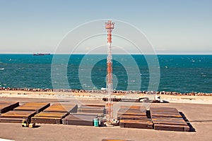 Transshipment terminal for loading steel products to sea vessels using shore cranes and special equipment in Port Pecem, Brazil,