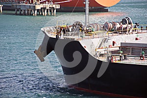 Transshipment terminal for loading steel products to sea vessels using shore cranes and special equipment in Port Pecem, Brazil,