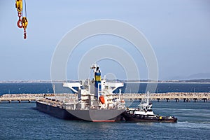 Transshipment terminal for loading steel products to sea vessels using shore cranes and special equipment in Port Pecem, Brazil,