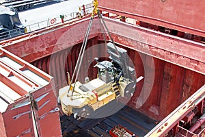 Transshipment terminal for loading steel products to sea vessels using shore cranes and special equipment in Port Pecem, Brazil,