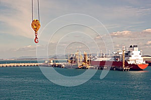 Transshipment terminal for loading steel products to sea vessels using shore cranes and special equipment in Port Pecem, Brazil,