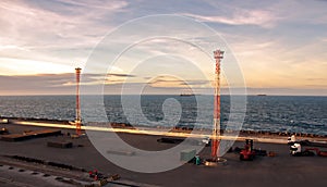 Transshipment terminal for loading steel products to sea vessels using shore cranes and special equipment in Port Pecem, Brazil,