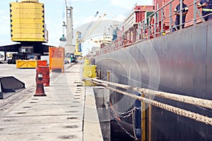 Transshipment terminal for loading steel products to sea vessels using shore cranes and special equipment in Port Pecem, Brazil,