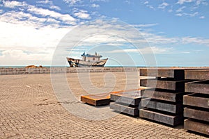 Transshipment terminal for loading steel products to sea vessels using shore cranes and special equipment in Port Pecem, Brazil,