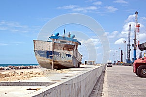 Transshipment terminal for loading steel products to sea vessels using shore cranes and special equipment in Port Pecem, Brazil,