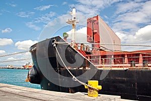 Transshipment terminal for loading steel products to sea vessels using shore cranes and special equipment in Port Pecem, Brazil,