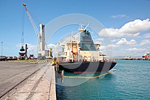 Transshipment terminal for loading steel products to sea vessels using shore cranes and special equipment in Port Pecem, Brazil,