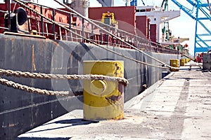 Transshipment terminal for loading steel products to sea vessels using shore cranes and special equipment in Port Pecem, Brazil,