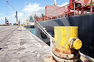 Transshipment terminal for loading steel products to sea vessels using shore cranes and special equipment in Port Pecem, Brazil,