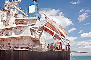 Transshipment terminal for loading steel products to sea vessels using shore cranes and special equipment in Port Pecem, Brazil,