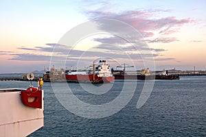 Transshipment terminal for loading steel products to sea vessels using shore cranes and special equipment in Port Pecem, Brazil,