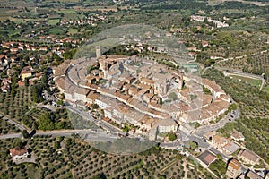 transverse aerial view of the town of lucignano in tuscany