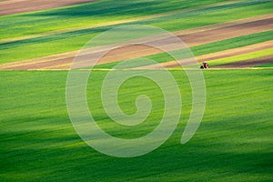 Transylvania aerial view over crops fields in Romania