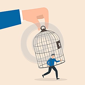 Trap concept. Giant hand capturing a running businessman with birdcage. Vector illustration