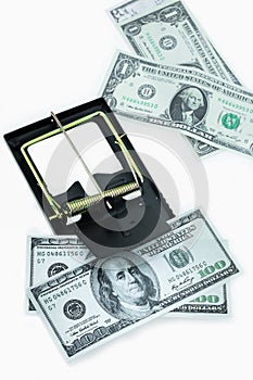 Trap with dollar bills isolated over white background, Risk in business, Businessman taking money from a mousetrap