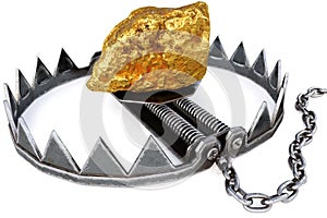 Trap with gold nugget on white background.