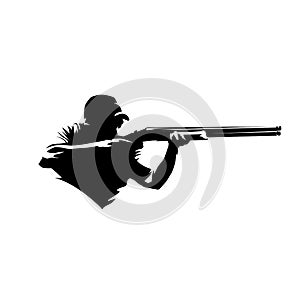 Trap shooting, aiming athlete with gun, isolated vector silhouette. Ink drawing