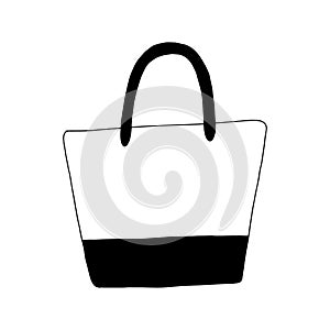 Trapezoidal beach bag with a stripe on the bottom.Black and white image.Doodle illustration.Bag isolated on a white background.