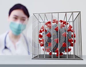 Trapped or caged Coronavirus. Flu shot. Dangerous ncov corona virus, SARS pandemic risk. Solution concept. 3d rendering