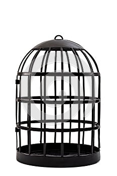 Trapped and captivity conceptual idea with black bird cage isolated on white background and clipping path cutout photo