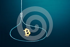 Trapped concept. Bitcoin in the loop as a bait. Investment risk or money trap, business fraud and cheating or financial