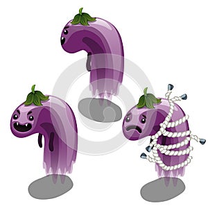 Trapped fancy monster in the form of a weightless eggplant isolated on a white background. Vector illustration.