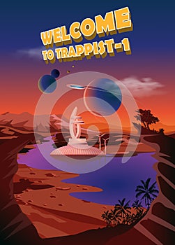 Trappist-1 system. Exoplanets. Space landscape, the colonization of the planets. Vector illustration