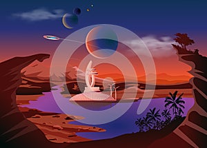 Trappist-1 system. Exoplanets. Space landscape, the colonization of the planets. Vector illustration