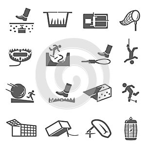 Traps, hunting, poaching line and bold icons set isolated on white. Business risk and danger pictograms. photo