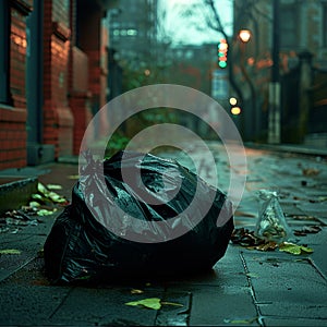 Trash bag abandoned on pavement near urban structure, environmental issue