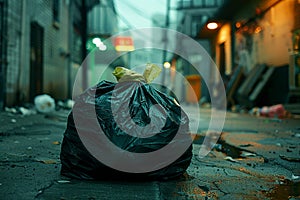 Trash bag abandoned on pavement near urban structure, environmental issue