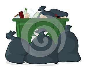 Trash Bag with Bin and Tank Icon. Black Garbage Bag on white Background. Trash Container Symbol, Icon and Badge. Cartoon Vector