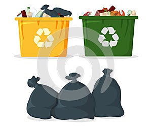Trash Bag with Bin and Tank Icon. Black Garbage Bag on white Background. Trash Container Symbol, Icon and Badge. Cartoon Vector