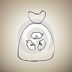 Trash bag icon. Vector. Brush drawed black icon at light brown b