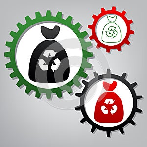 Trash bag icon. Vector. Three connected gears with icons at gray