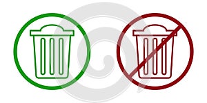 trash ban prohibit icon. Not allowed waste.