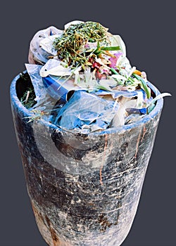 Trash barrel bin with household-waste wastebin garbage pail litterbasket trashbarrel trashcan wastebasket wastebin stock photo photo