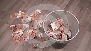 Trash Bin Banknotes Euro Slow Motion