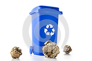 Trash bin. Blue dustbin for recycle paper trash isolated on white background. Container for disposal garbage waste and save