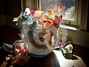 Trash bin full of crumpled paper office window