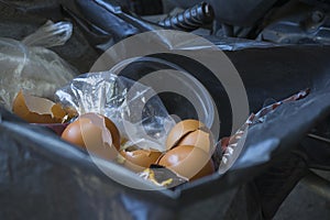 Trash bin full of domestic food waste and plastic bag