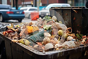 Trash bin full of garbage in the city. Garbage sorting concept. A gritty urban image of food waste in an abandoned Dumpster, AI