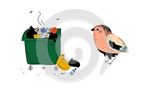 Trash Bin Full of Stinky Garbage and Bird in Fuel Oil Vector Set