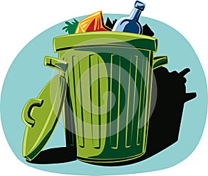 Trash bin, full of trash.