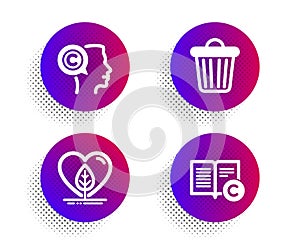 Trash bin, Local grown and Writer icons set. Copyright sign. Garbage, Organic tested, Copyrighter. Vector