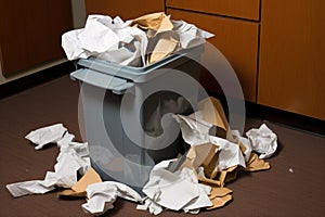 trash bin overflowed with crumbled paper