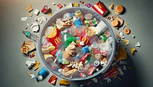 A trash bin overflowing with the remnants of fast-food meals photo